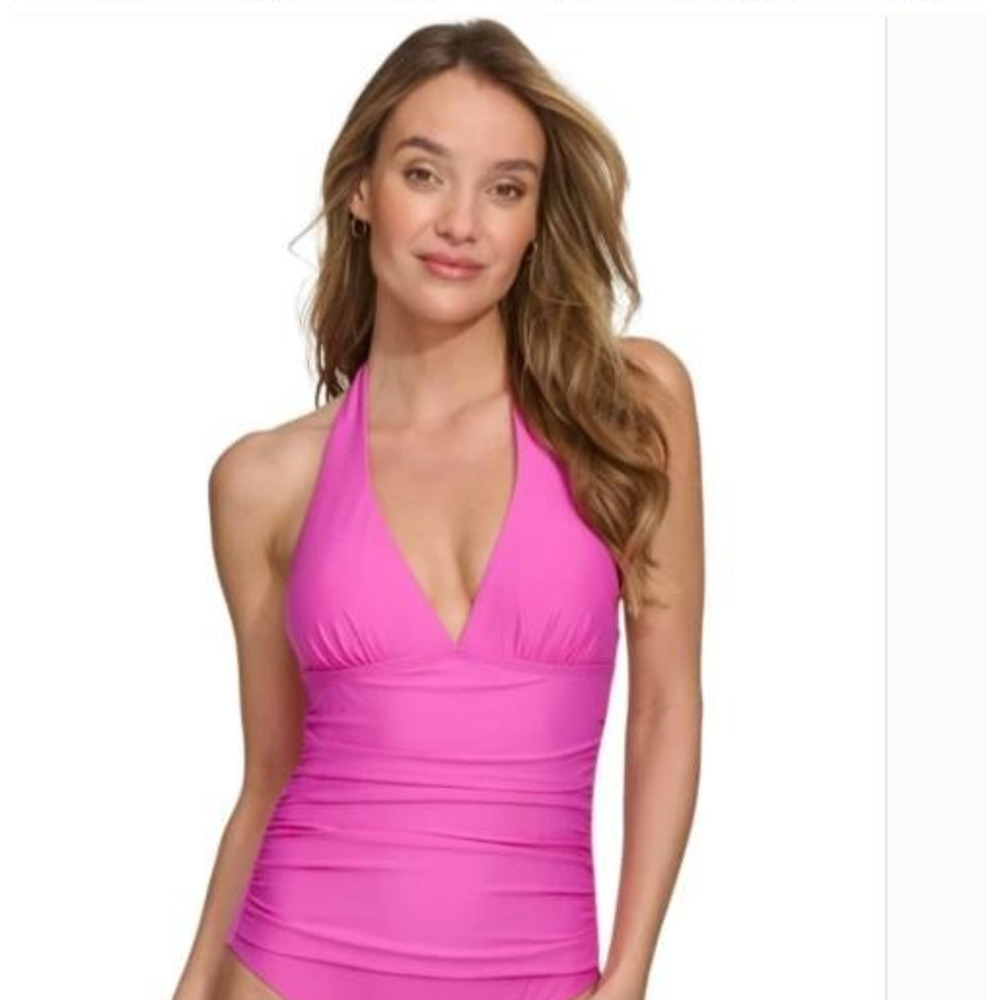 DKNY Women's Tie-Back Halter One-Piece Swimsuit Carnation Pink Size Medium NWOT - Picture 2 of 5